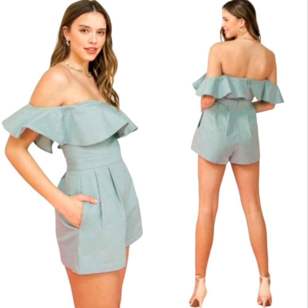 Denim By Flying Tomato Sage Green Off Shoulder Cotton Twill Romper